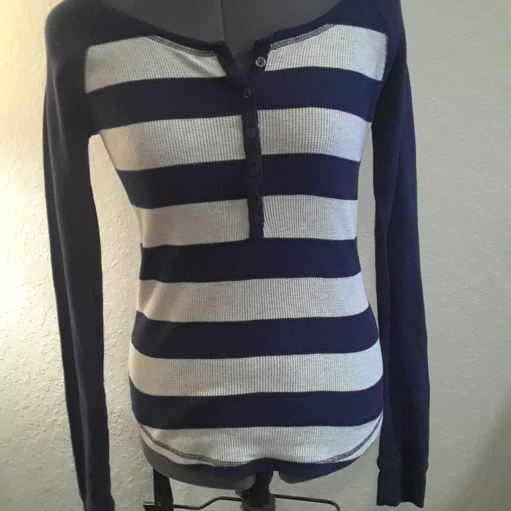 SO Navy Blue Striped Waffle‎ Long Sleeved Shirt